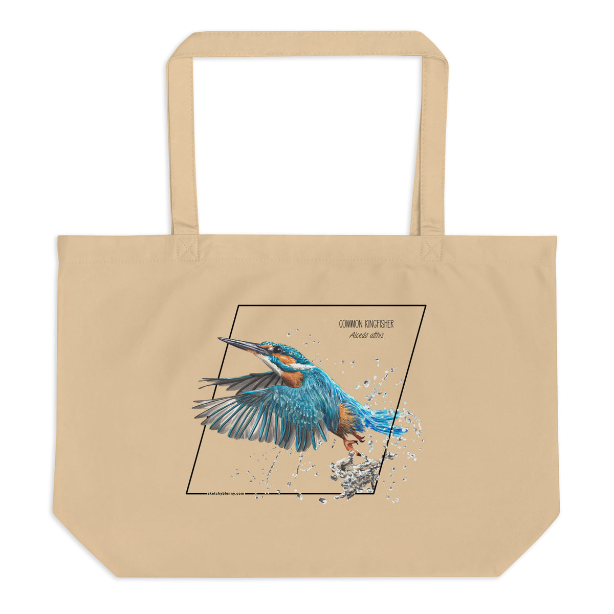 Product mockup of our large organic tote bag with a common kingfisher print. Here lying flat on a white surface.