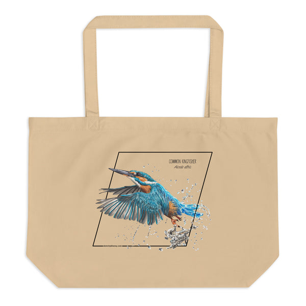 Product mockup of our large organic tote bag with a common kingfisher print. Here lying flat on a white surface.