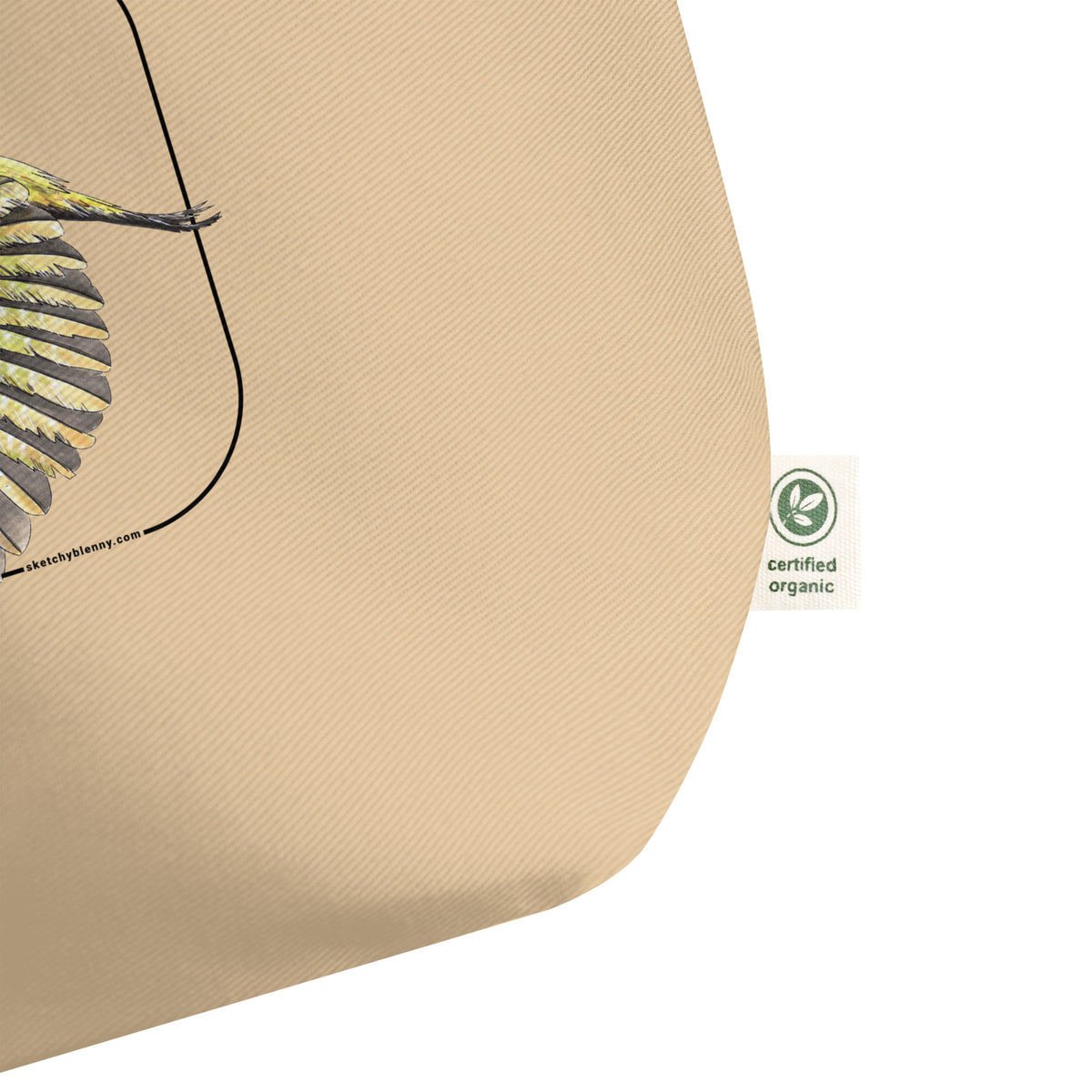 Product mockup of our 100% organic tote bag with a european green woodpecker print. Here focussing on the organic logo.