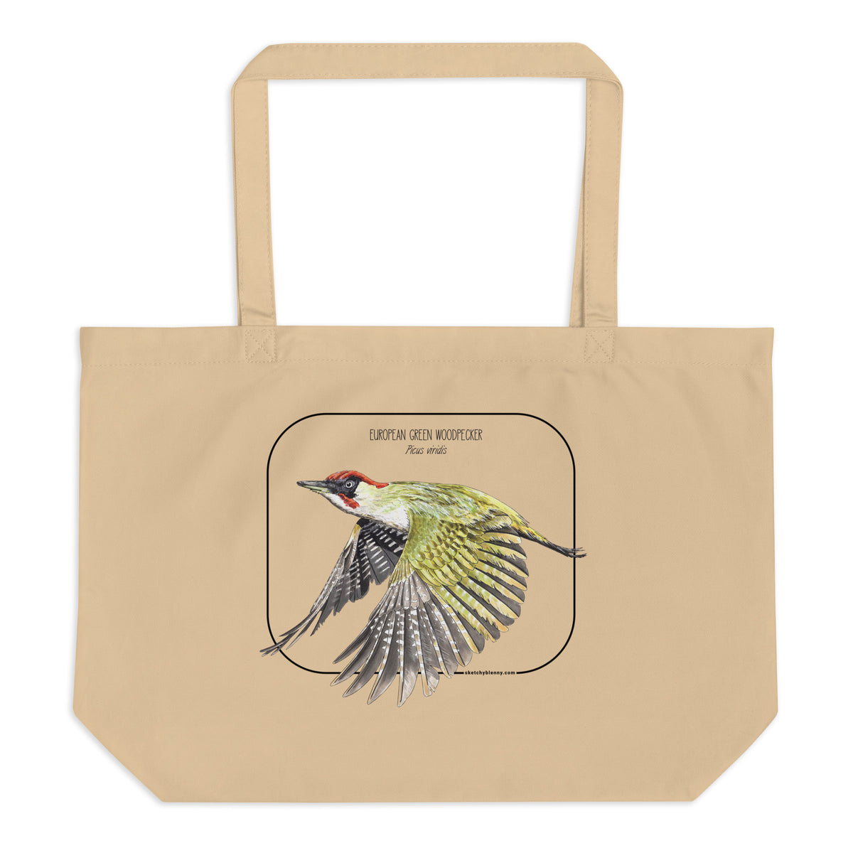 Product mockup of our 100% organic tote bag with a european green woodpecker print. Here lying flat on a white surface.