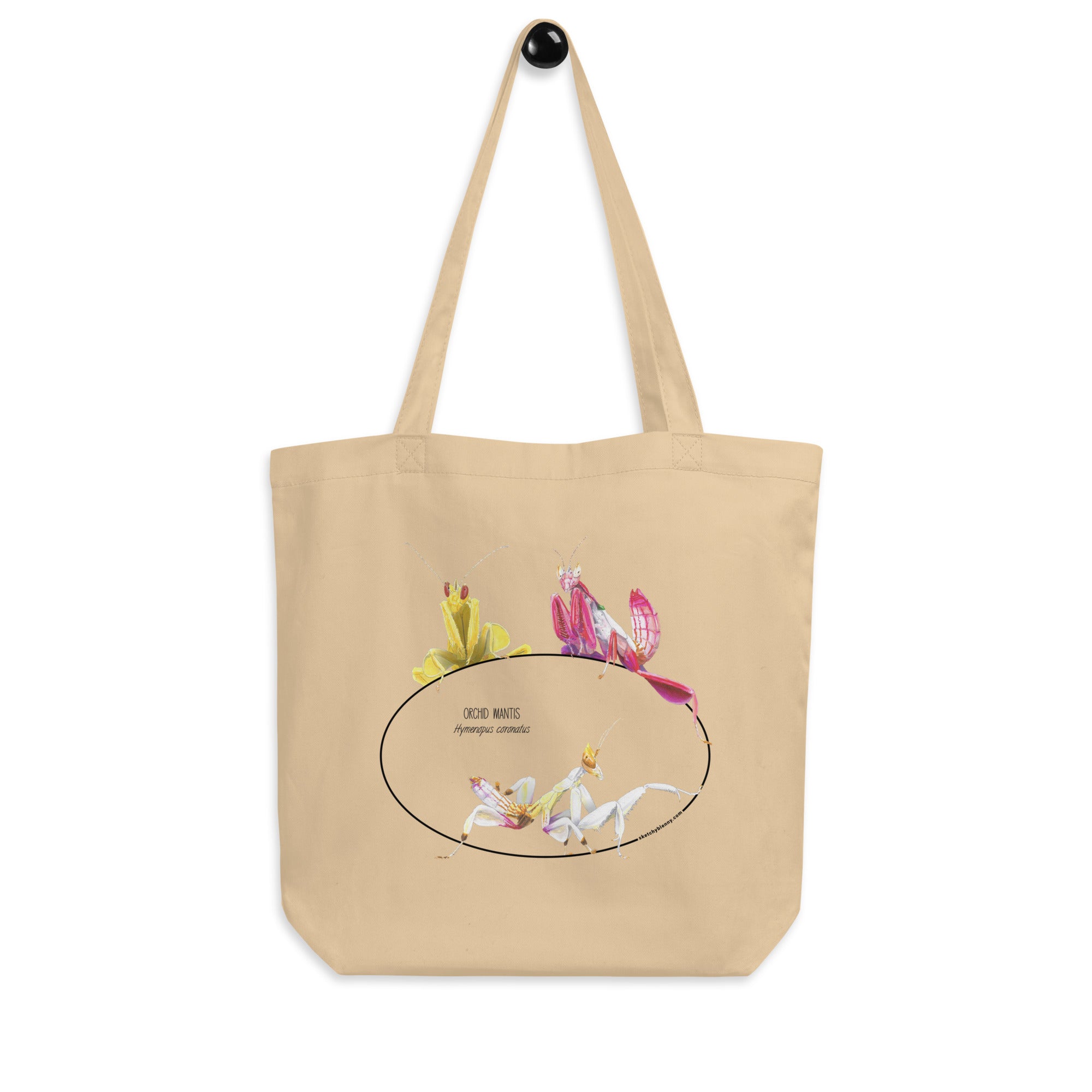 Mock-up of our standard size Orchid mantis tote bag, hanging from a hanger. 100%organic cotton, sturdy and spacious.