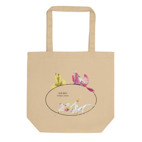 Mock-up of our standard size Orchid mantis tote bag, lying flat on a white surface. 100%organic cotton, sturdy and spacious.