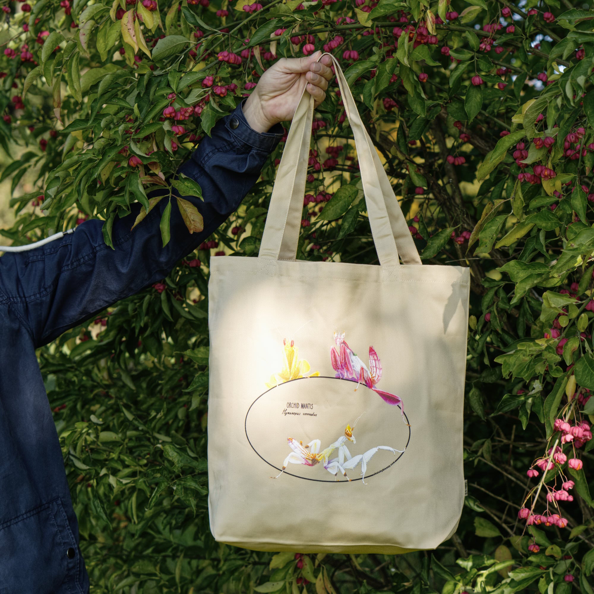 Photo of our  orchid mantis 100% organic cotton tote bag outside being held from the handle in front of a bush. Three colourful insects are depicted on the sturdy, spaciuos bag.