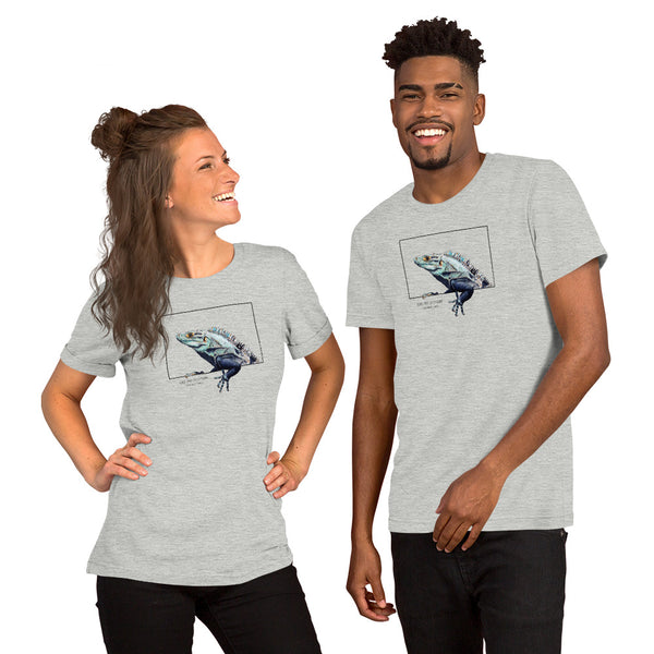 Product mockup of our black iguana t-shirt on a athletic heather base colour. Worn by a male and a female model.