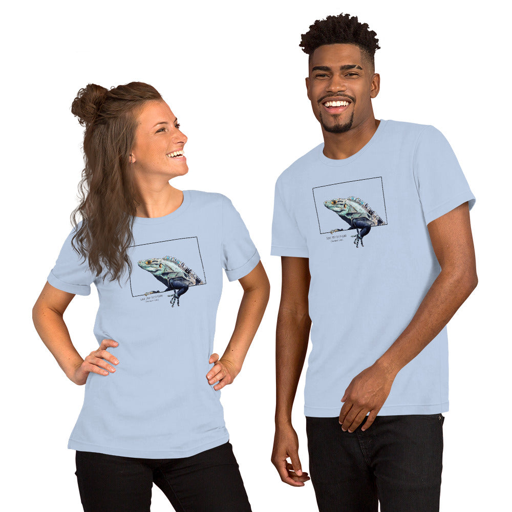 Product mockup of our black iguana t-shirt on a baby blue base colour. Worn by a male and a female model.