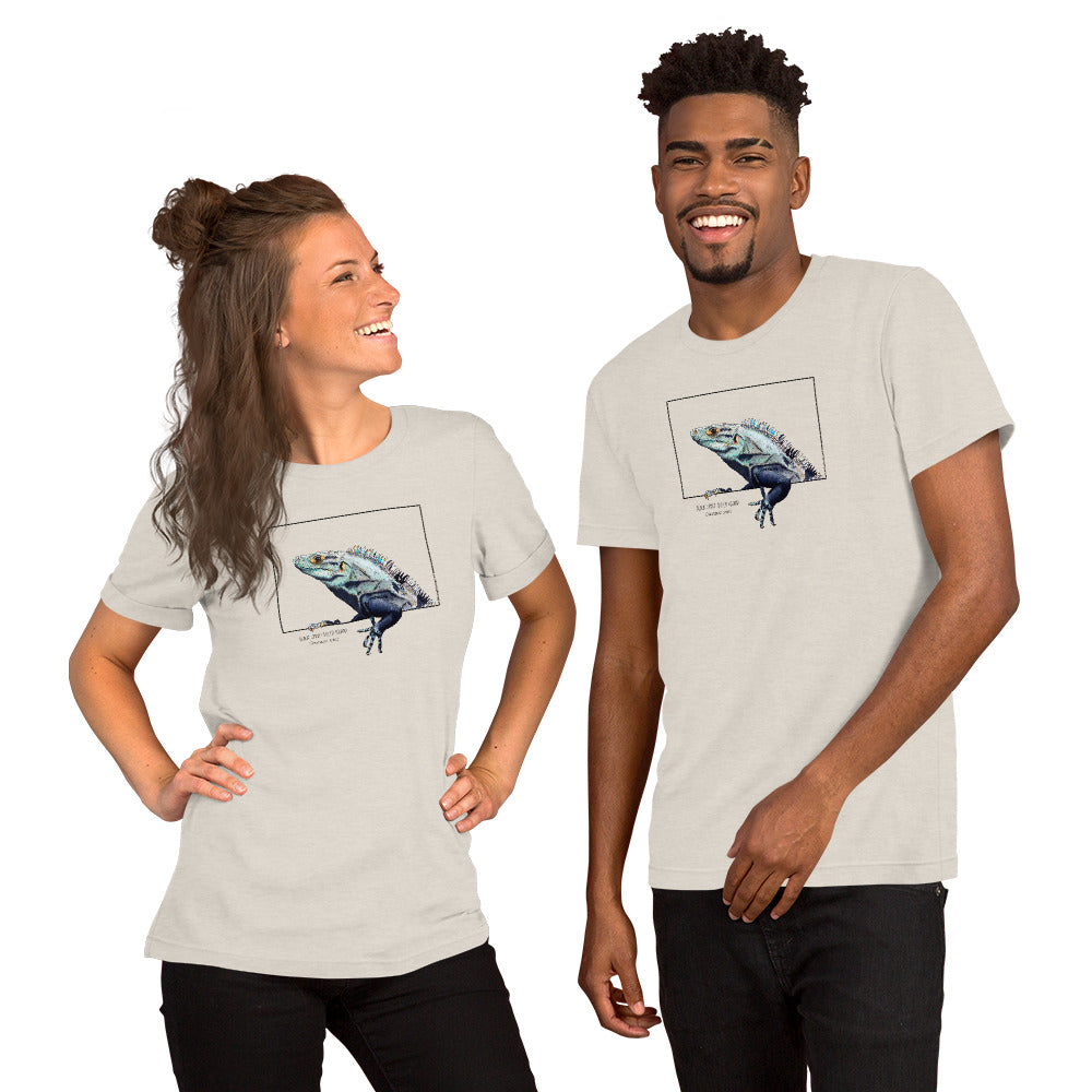 Product mockup of our black iguana t-shirt on a heather dust base colour. Worn by a male and a female model.