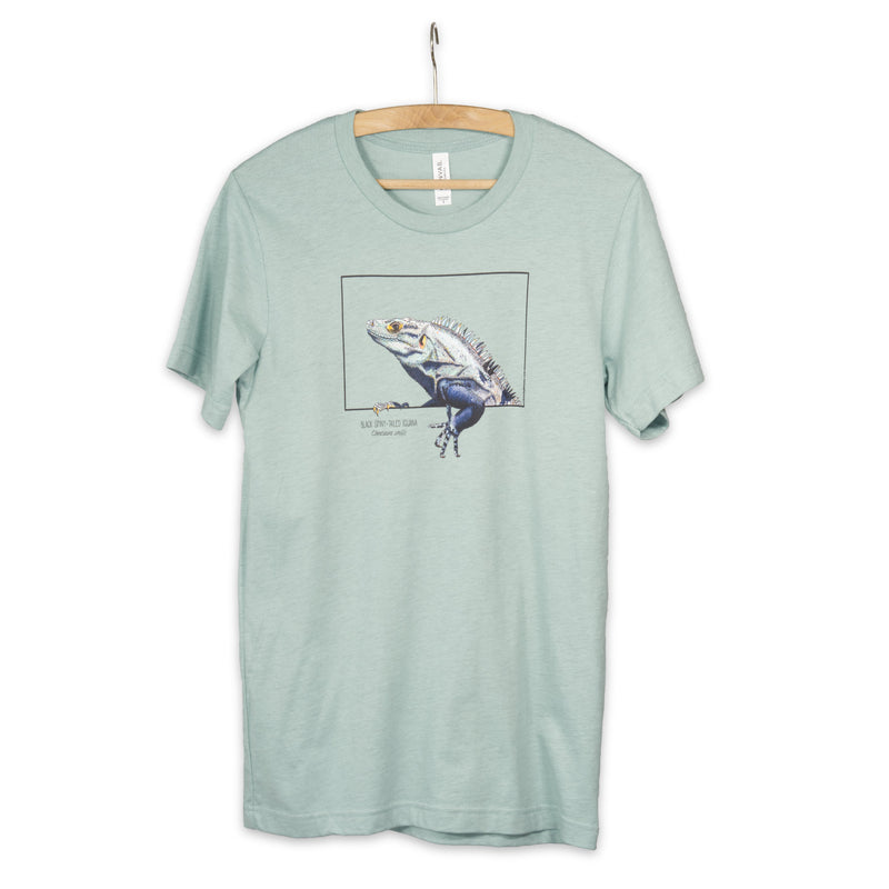 Product photo of our black iguana t-shirt on a heather prism dusty blue base colour. Hanging from a wooden hanger.