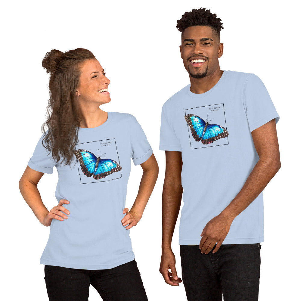Product mockup of our blue morpho butterfly t-shirt, here worn by a female and a male model. Base colour of this shirt is baby blue.