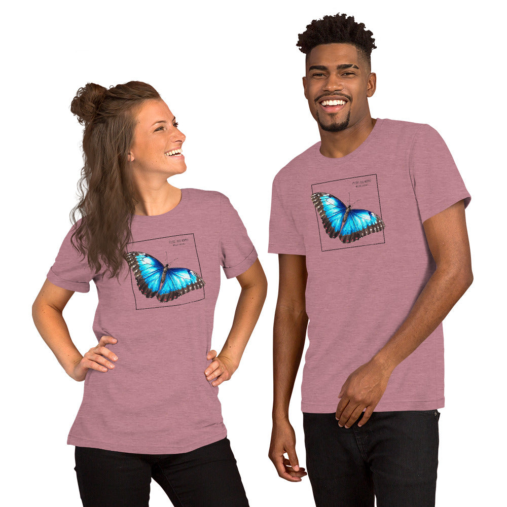 Product mockup of our blue morpho butterfly t-shirt, here worn by a female and a male model. Base colour of this shirt is heather orchid.
