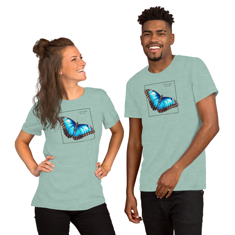 Product mockup of our blue morpho butterfly t-shirt, here worn by a female and a male model. Base colour of this shirt is heather prism dusty blue.