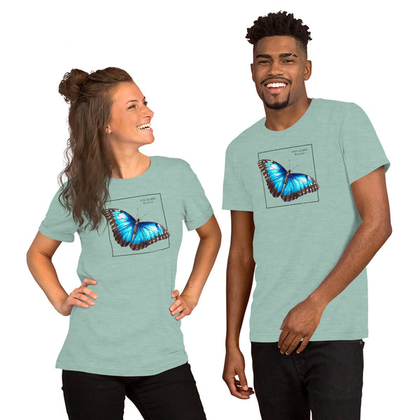 Product mockup of our blue morpho butterfly t-shirt, here worn by a female and a male model. Base colour of this shirt is heather prism dusty blue.