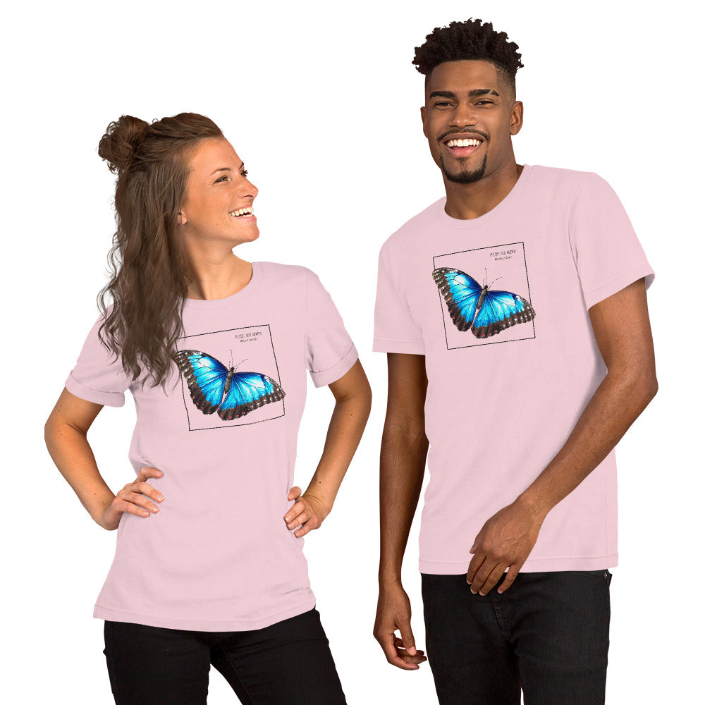 Product mockup of our blue morpho butterfly t-shirt, here worn by a female and a male model. Base colour of this shirt is soft pink.