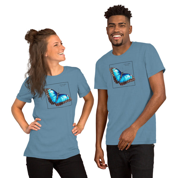 Product mockup of our blue morpho butterfly t-shirt, here worn by a female and a male model. Base colour of this shirt is steel blue.