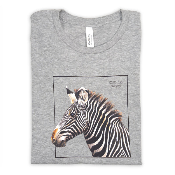 Photo of our gravy zebra t-shirt in the colour heather grey folded on a white surface.