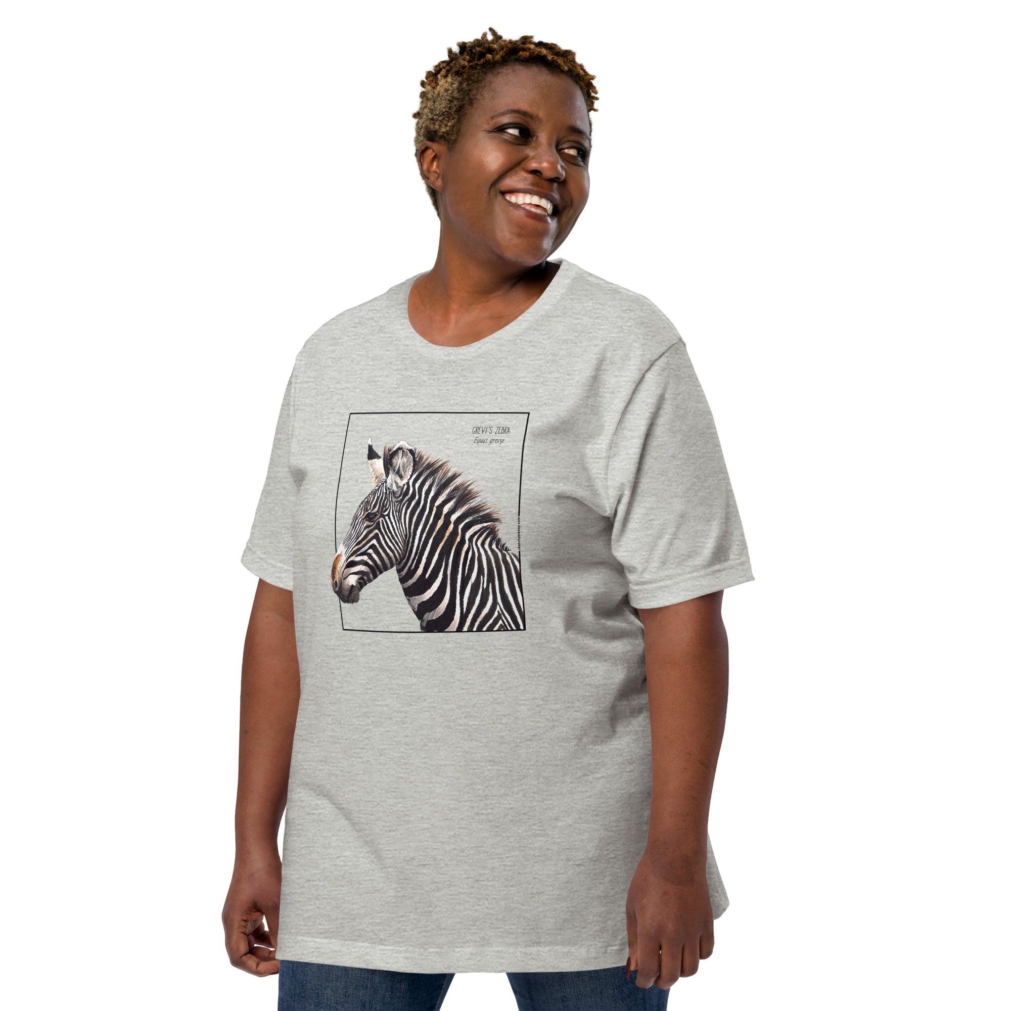 Product mockup of a female plus-size model wearing the very comfortable grévy's zebra t-shirt in the colour athletic heather.