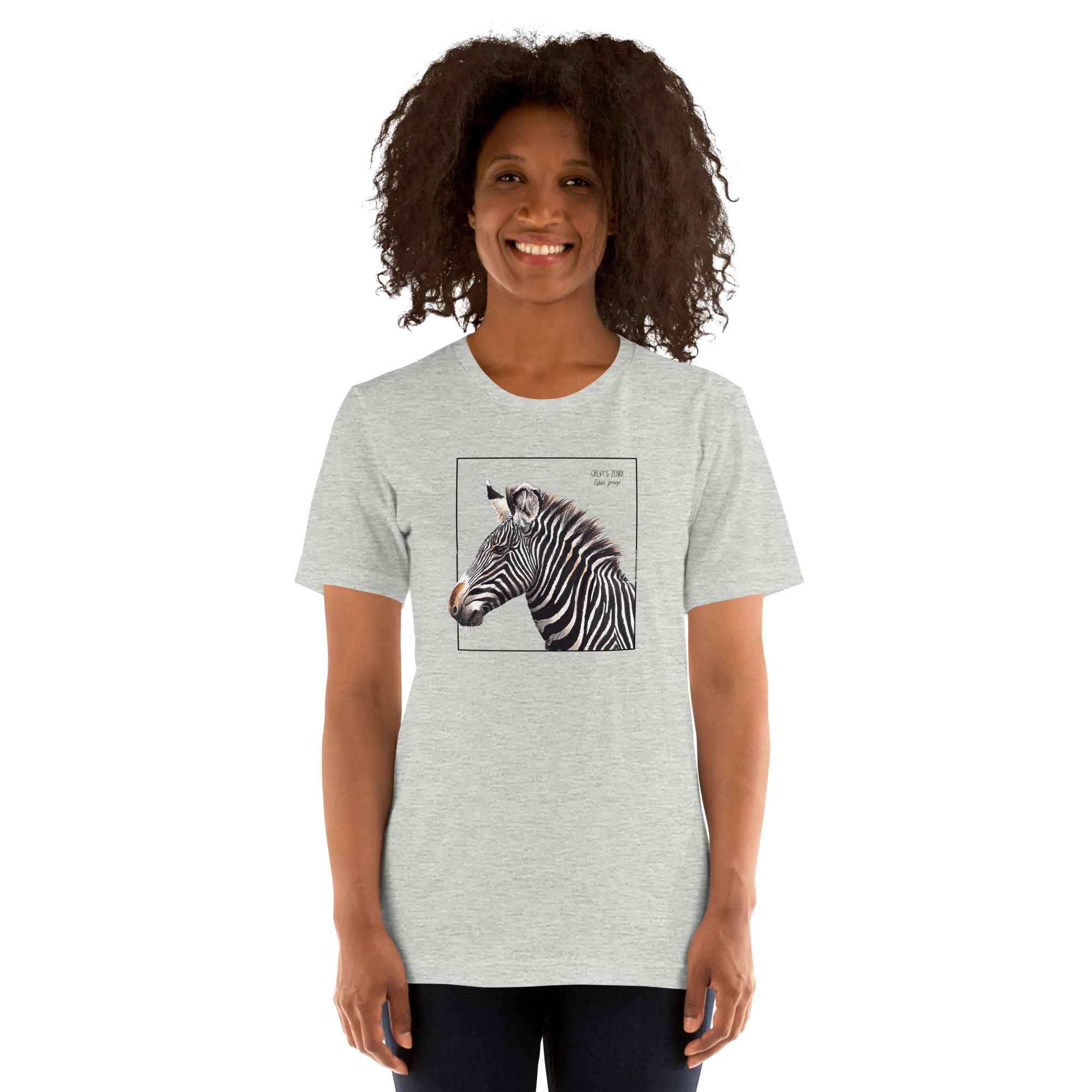 Product mockup of a female model wearing the very comfortable grévy's zebra t-shirt in the colour athletic heather.