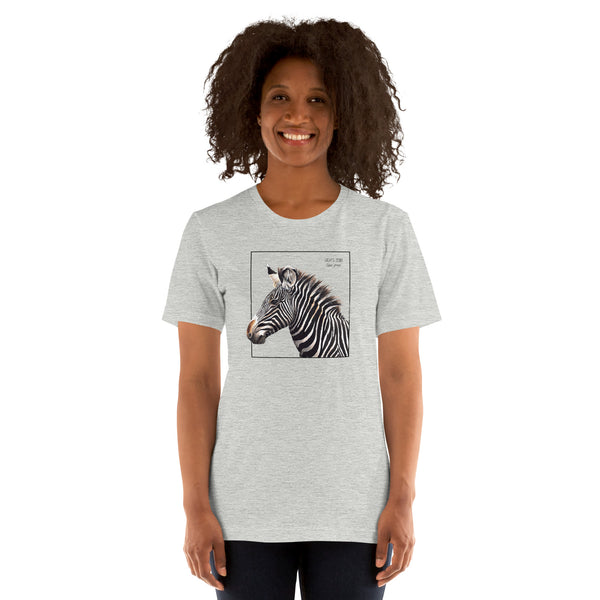 Product mockup of a female model wearing the very comfortable grévy's zebra t-shirt in the colour athletic heather.