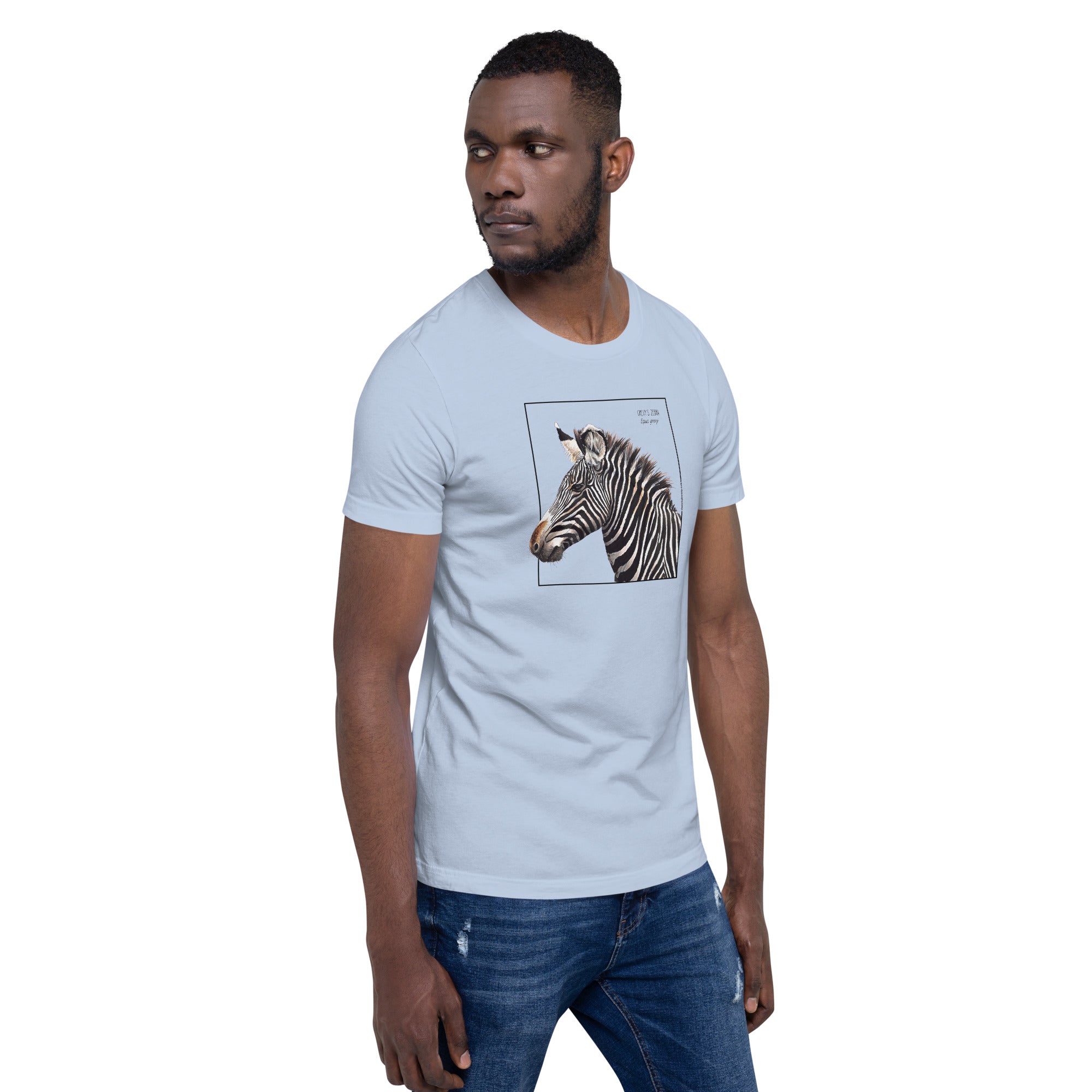Product mockup of a male model wearing the very comfortable grévy's zebra t-shirt in the colour baby blue.