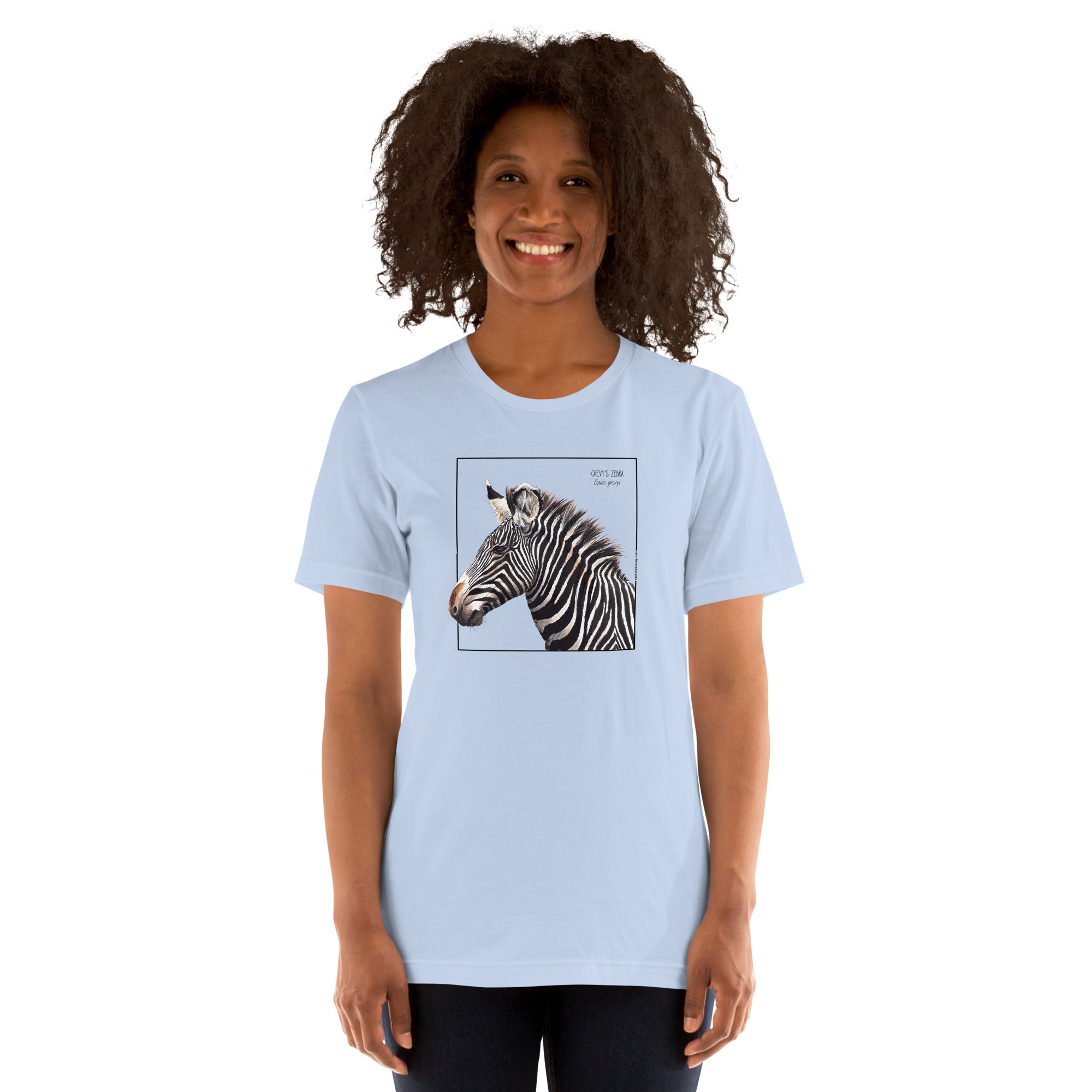 Product mockup of a female model wearing the very comfortable grévy's zebra t-shirt in the colour baby blue.