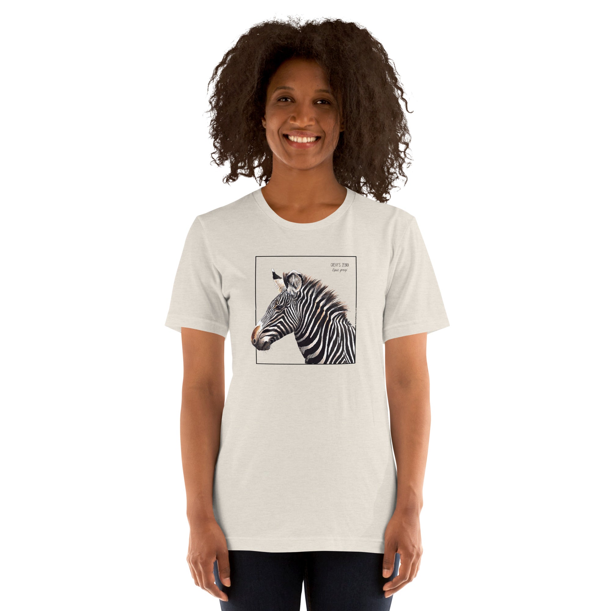Product mockup of a female model wearing the very comfortable grévy's zebra t-shirt in the colour heather dust.
