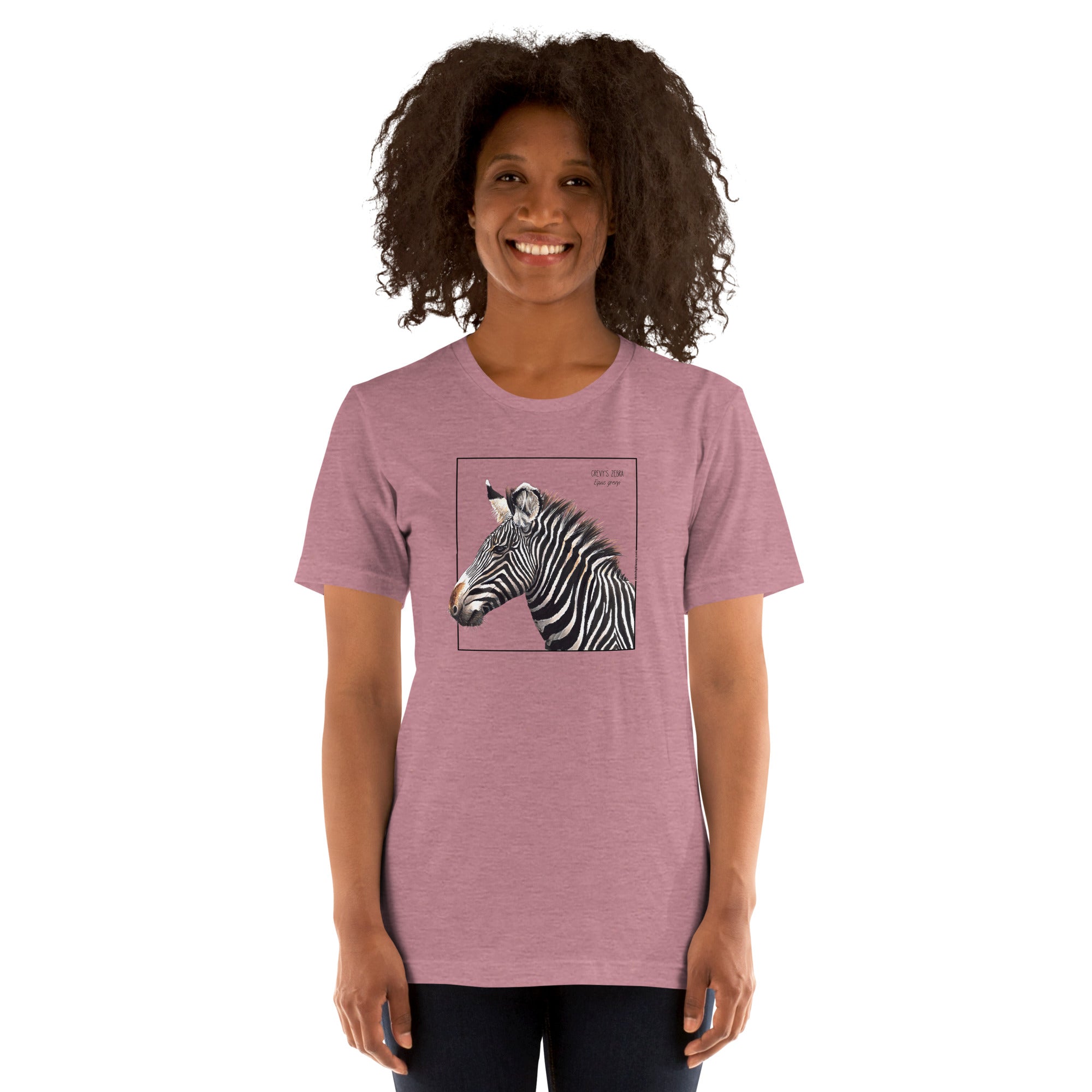 Product mockup of a female model wearing the very comfortable grévy's zebra t-shirt in the colour heather orchid.