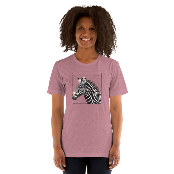Product mockup of a female model wearing the very comfortable grévy's zebra t-shirt in the colour heather orchid.