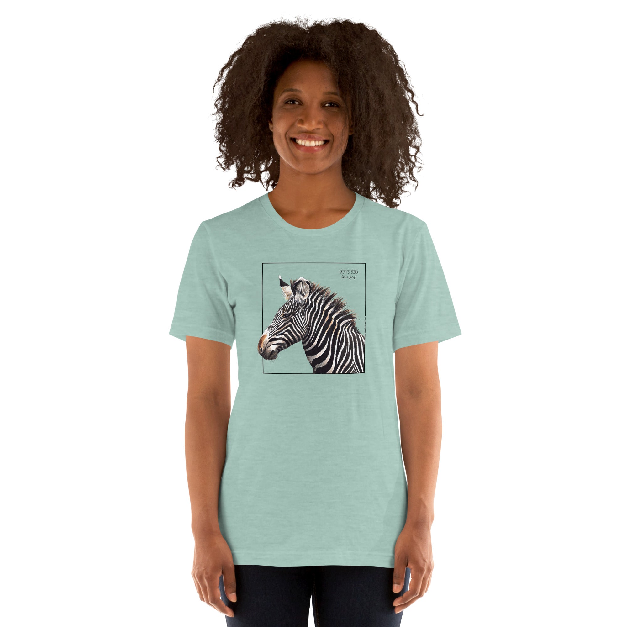 Product mockup of a female model wearing the very comfortable grévy's zebra t-shirt in the colour heather prism dusty blue.