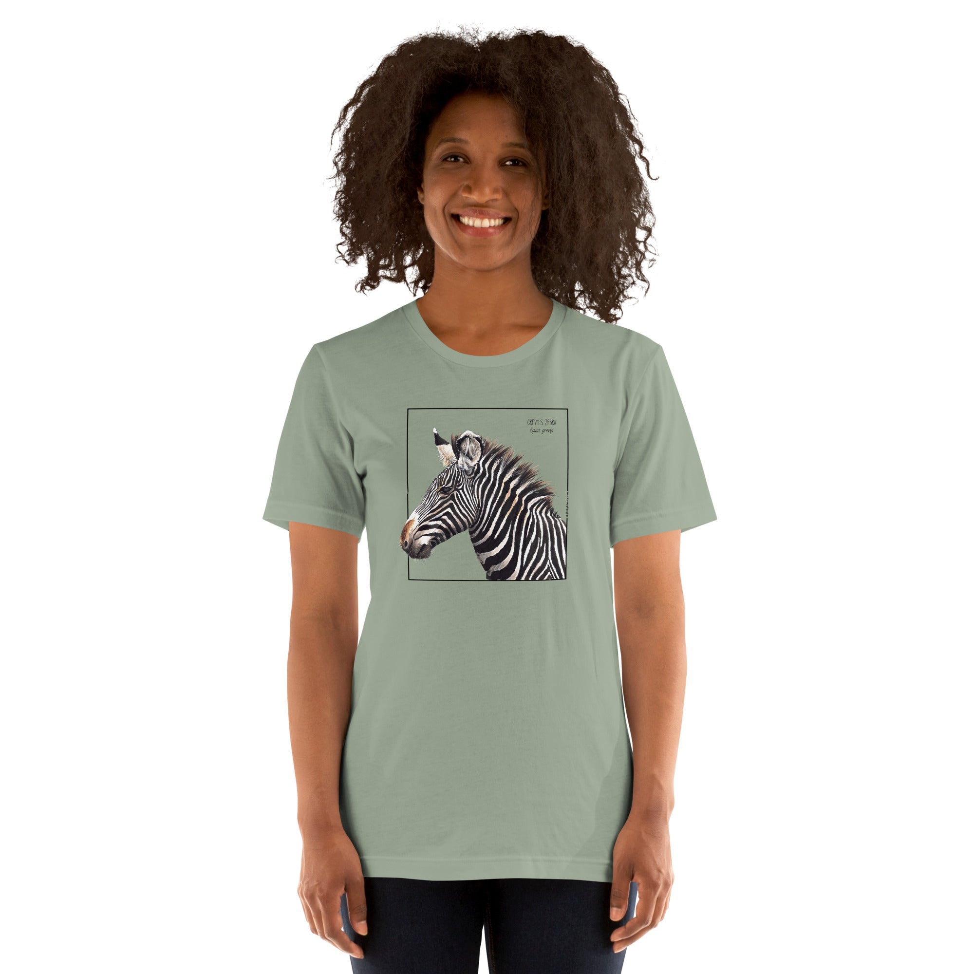 Product mockup of a female model wearing the very comfortable grévy's zebra t-shirt in the colour sage.