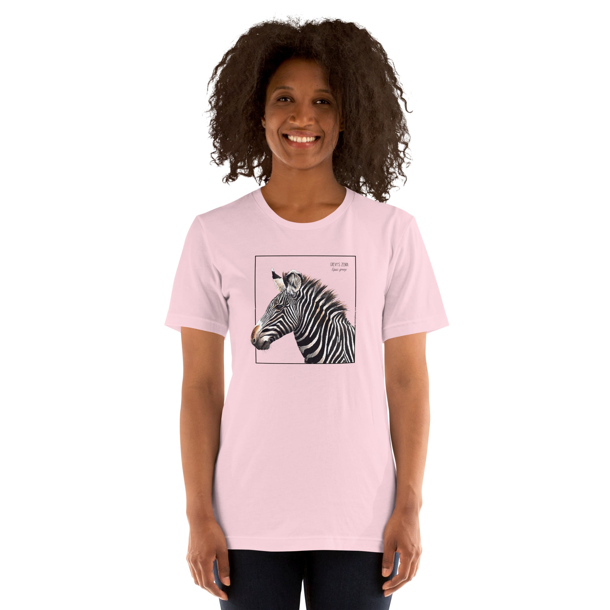 Product mockup of a female model wearing the very comfortable grévy's zebra t-shirt in the colour soft pink.