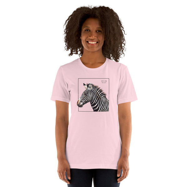Product mockup of a female model wearing the very comfortable grévy's zebra t-shirt in the colour soft pink.