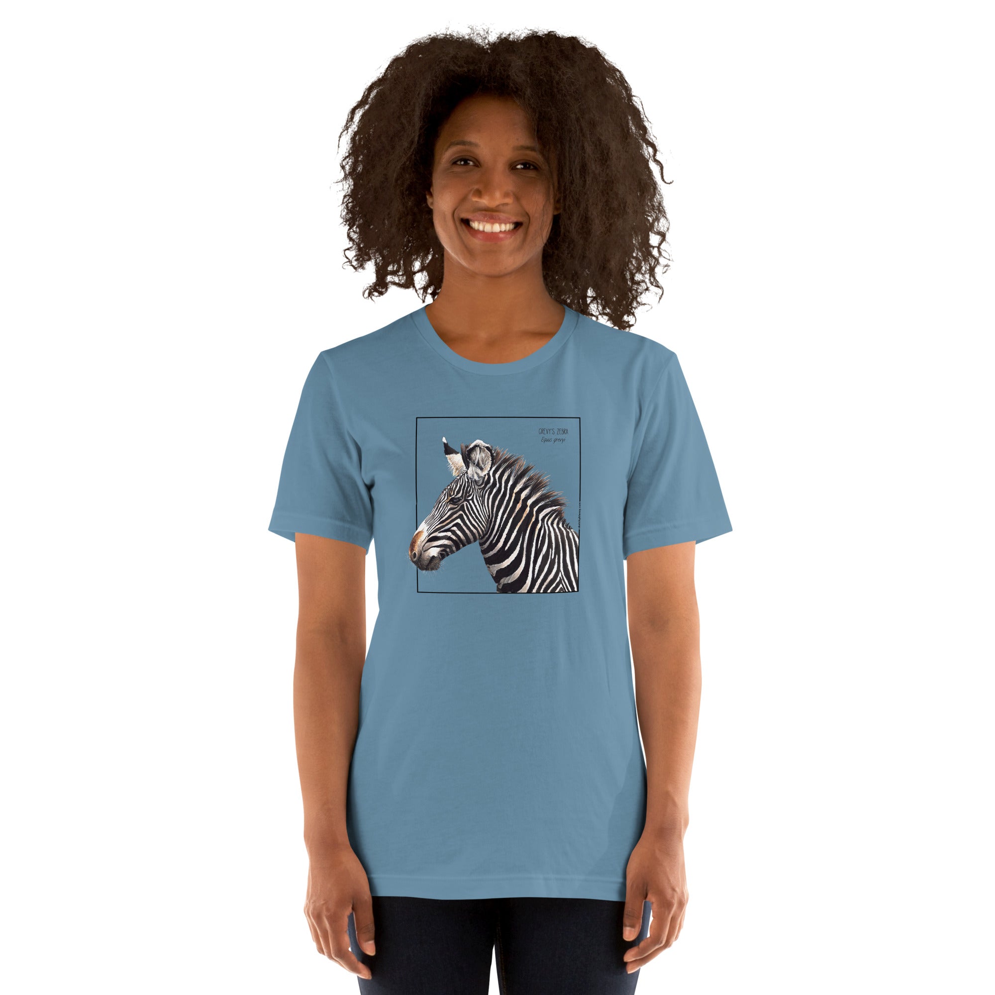 Product mockup of a female model wearing the very comfortable grévy's zebra t-shirt in the colour steel blue.