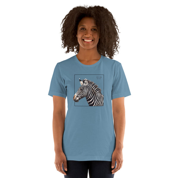 Product mockup of a female model wearing the very comfortable grévy's zebra t-shirt in the colour steel blue.