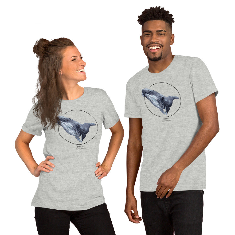 Product mockup of a female and a male model wearing a t-shirt with a beautiful print of a humpbak whale. The base colour of the fabric is athletic heather.