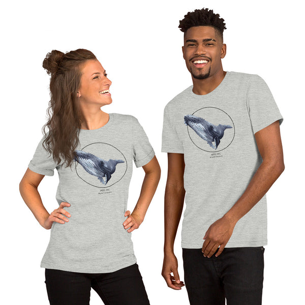 Product mockup of a female and a male model wearing a t-shirt with a beautiful print of a humpbak whale. The base colour of the fabric is athletic heather.