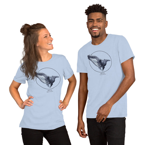 Product mockup of a female and a male model wearing a t-shirt with a beautiful print of a humpbak whale. The base colour of the fabric is baby blue.