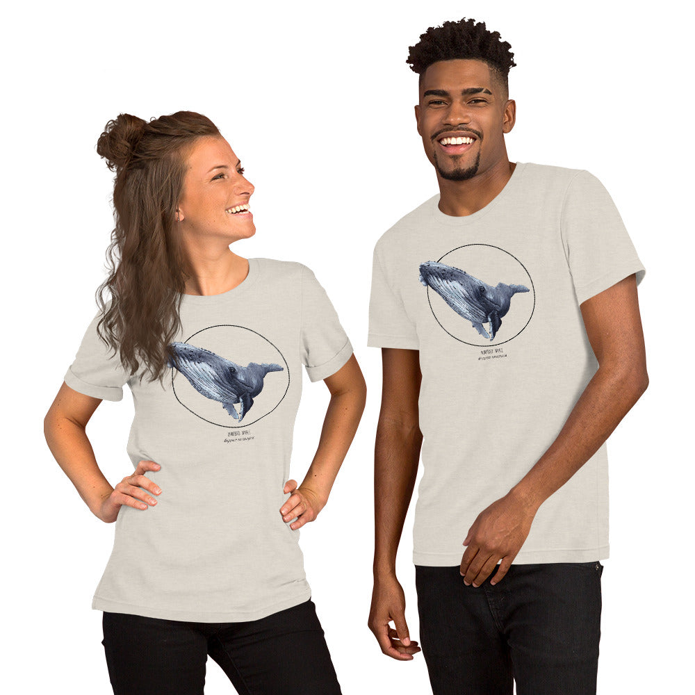 Product mockup of a female and a male model wearing a t-shirt with a beautiful print of a humpbak whale. The base colour of the fabric is heather dust.