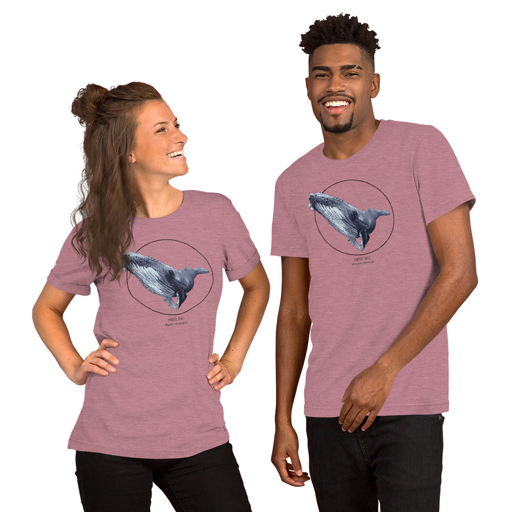 Product mockup of a female and a male model wearing a t-shirt with a beautiful print of a humpbak whale. The base colour of the fabric is heather orchid.