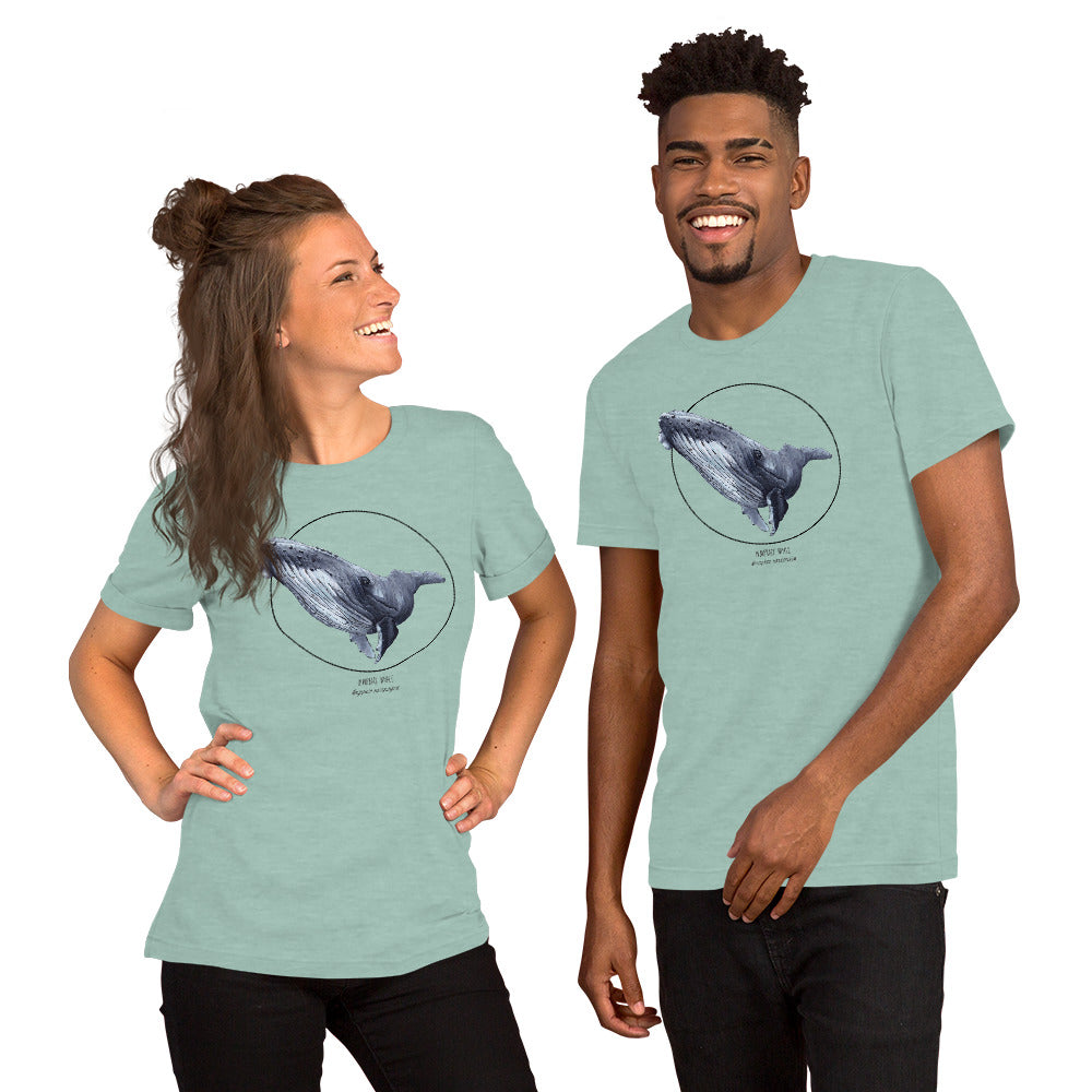 Product mockup of a female and a male model wearing a t-shirt with a beautiful print of a humpbak whale. The base colour of the fabric is heather prism dusty blue.
