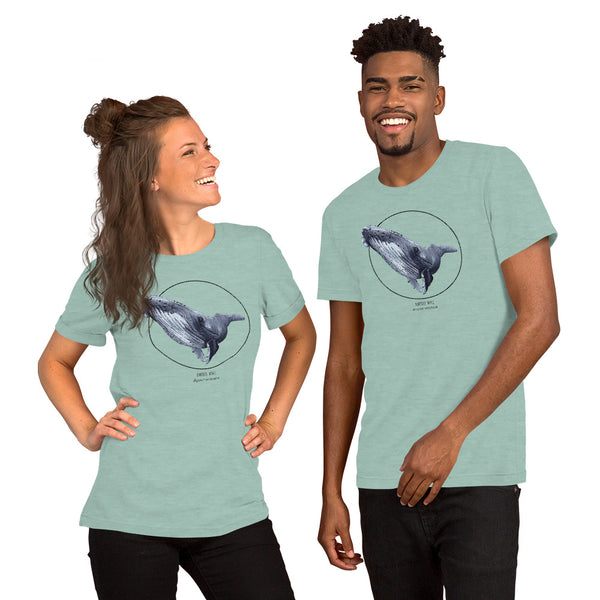 Product mockup of a female and a male model wearing a t-shirt with a beautiful print of a humpbak whale. The base colour of the fabric is heather prism dusty blue.