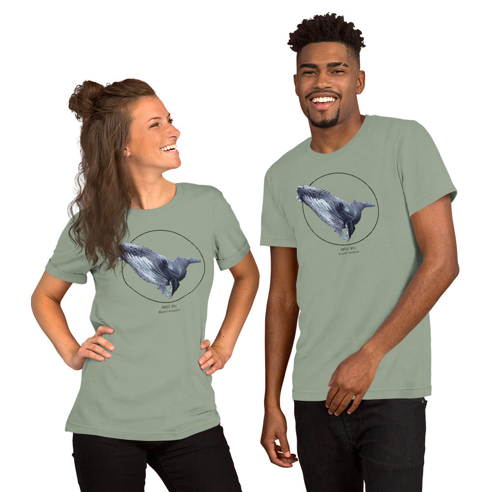 Product mockup of a female and a male model wearing a t-shirt with a beautiful print of a humpbak whale. The base colour of the fabric is sage.