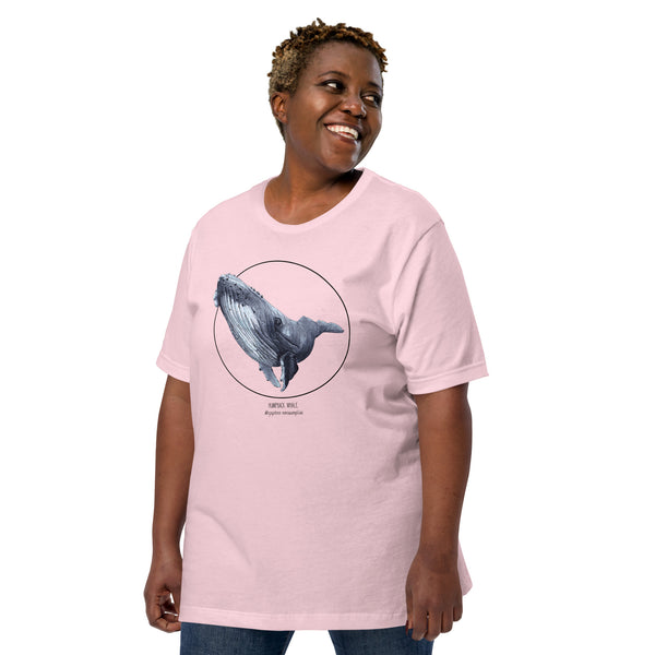 Product mockup of a plus-sized female model wearing a t-shirt with a beautiful print of a humpbak whale. The base colour of the fabric is soft pink.