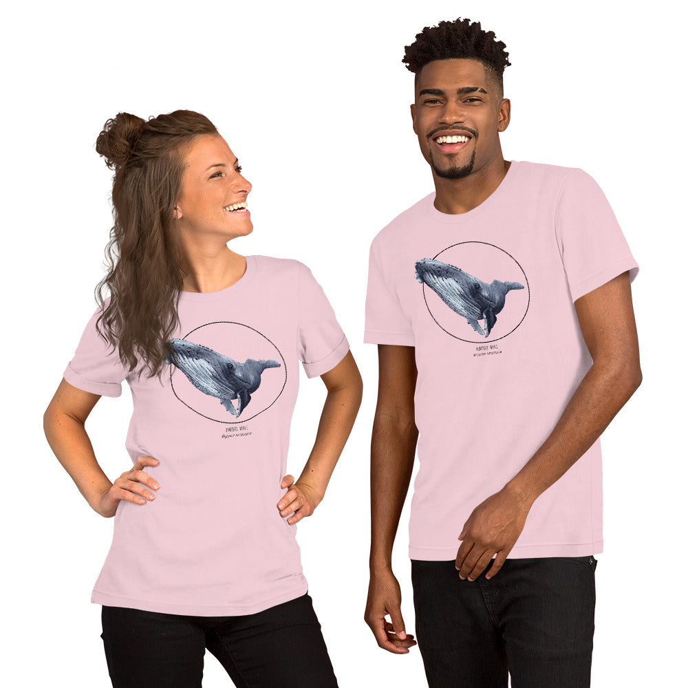 Product mockup of a female and a male model wearing a t-shirt with a beautiful print of a humpbak whale. The base colour of the fabric is soft pink.