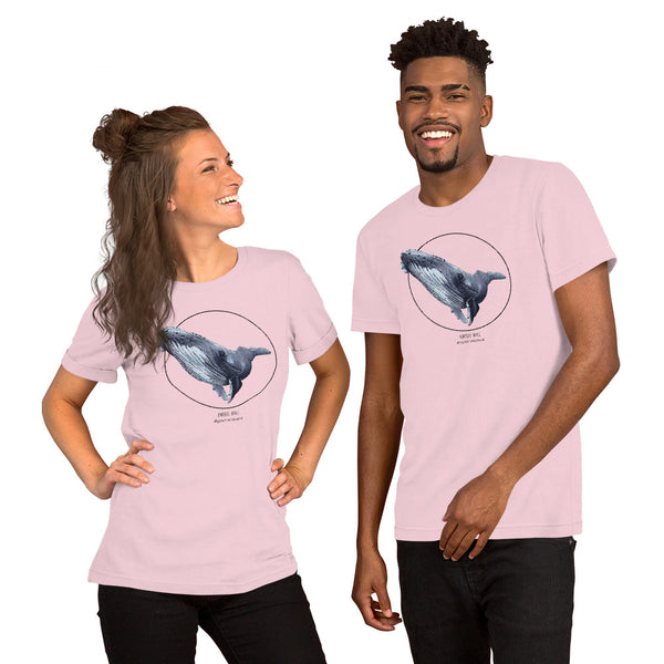 Product mockup of a female and a male model wearing a t-shirt with a beautiful print of a humpbak whale. The base colour of the fabric is soft pink.