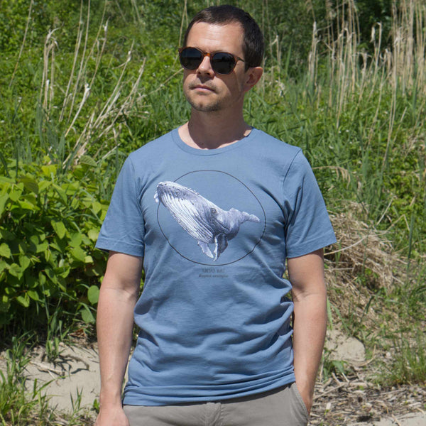 Male model outdoor on a beach wearing a steel blue t-shirt with a humpbak whale print.