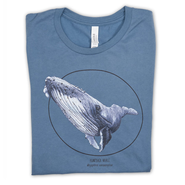Photo of our  steel blue t-shirt with a humpbak whale print lying folded on a white surface.