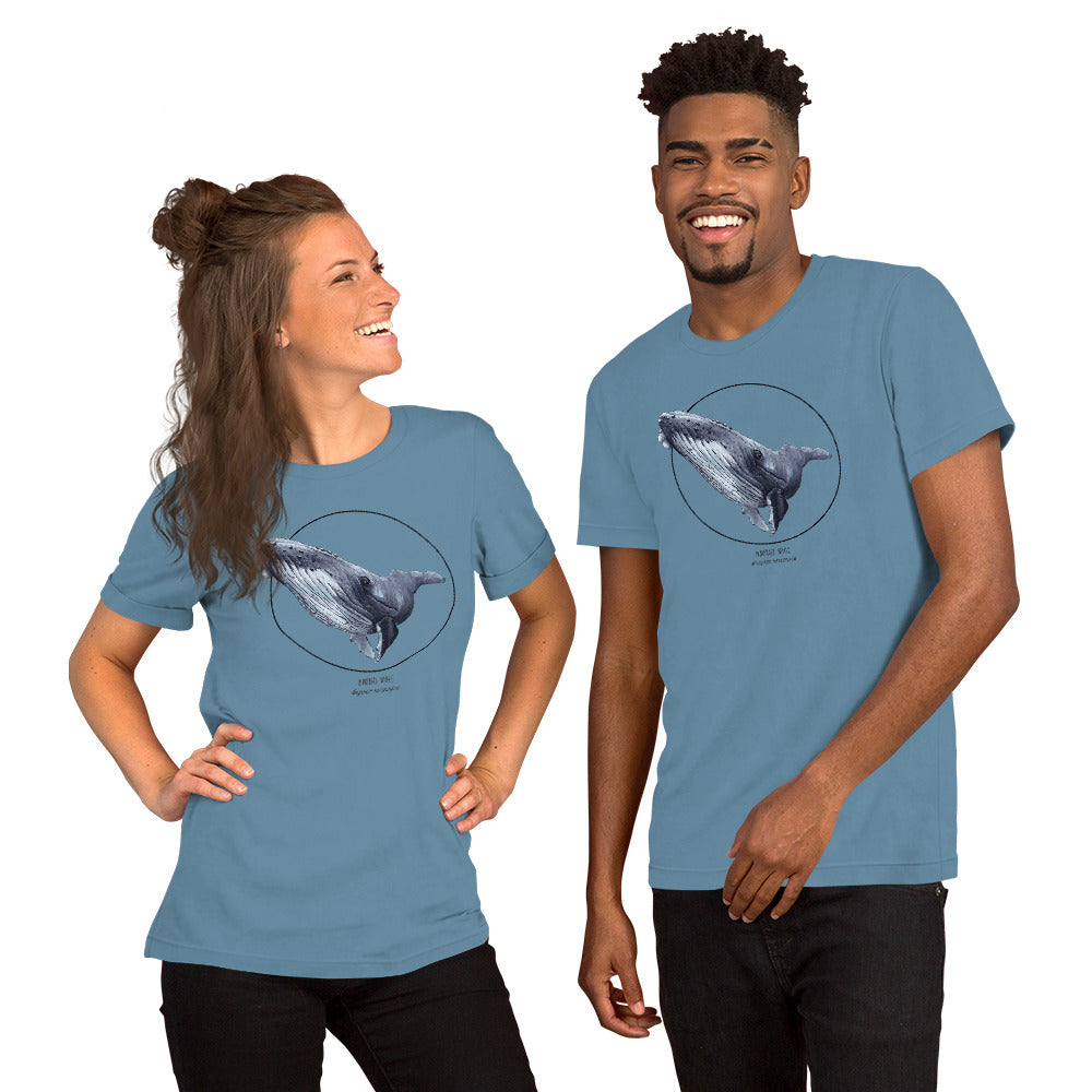 Product mockup of a female and a male model wearing a t-shirt with a beautiful print of a humpbak whale. The base colour of the fabric is steel blue.