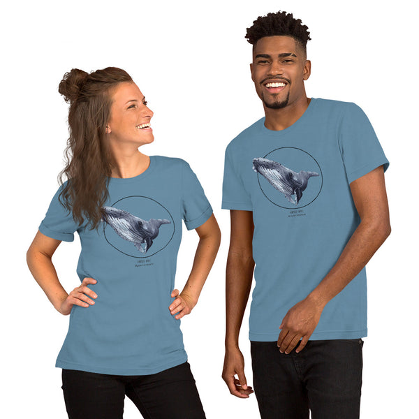 Product mockup of a female and a male model wearing a t-shirt with a beautiful print of a humpbak whale. The base colour of the fabric is steel blue.