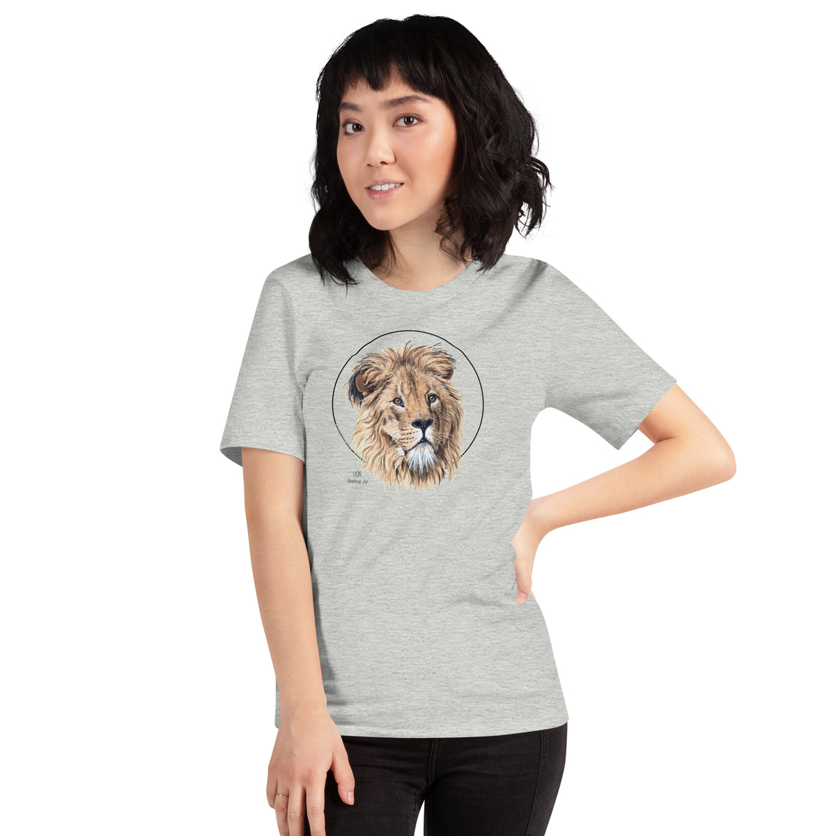 Product mockup of our lion print t-shirt, worn by a female model. This shirt's base colour is athletic heather.