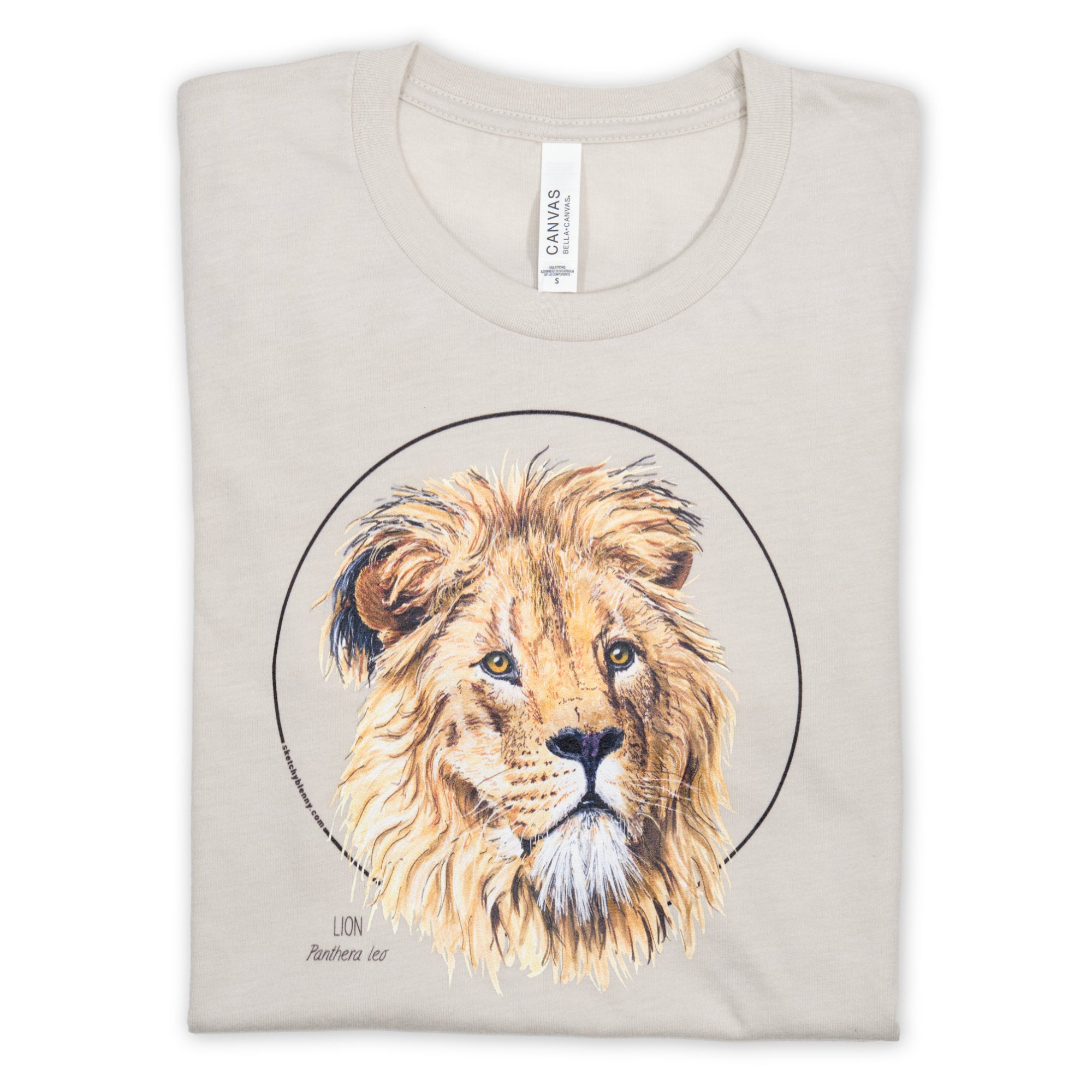 Photo of our lion t-shirt in the colour heather dust folded on a white surface.