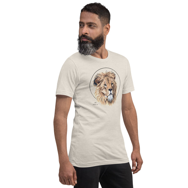 Product mockup of our lion print t-shirt, worn by a male model. This shirt's base colour is heather dust.